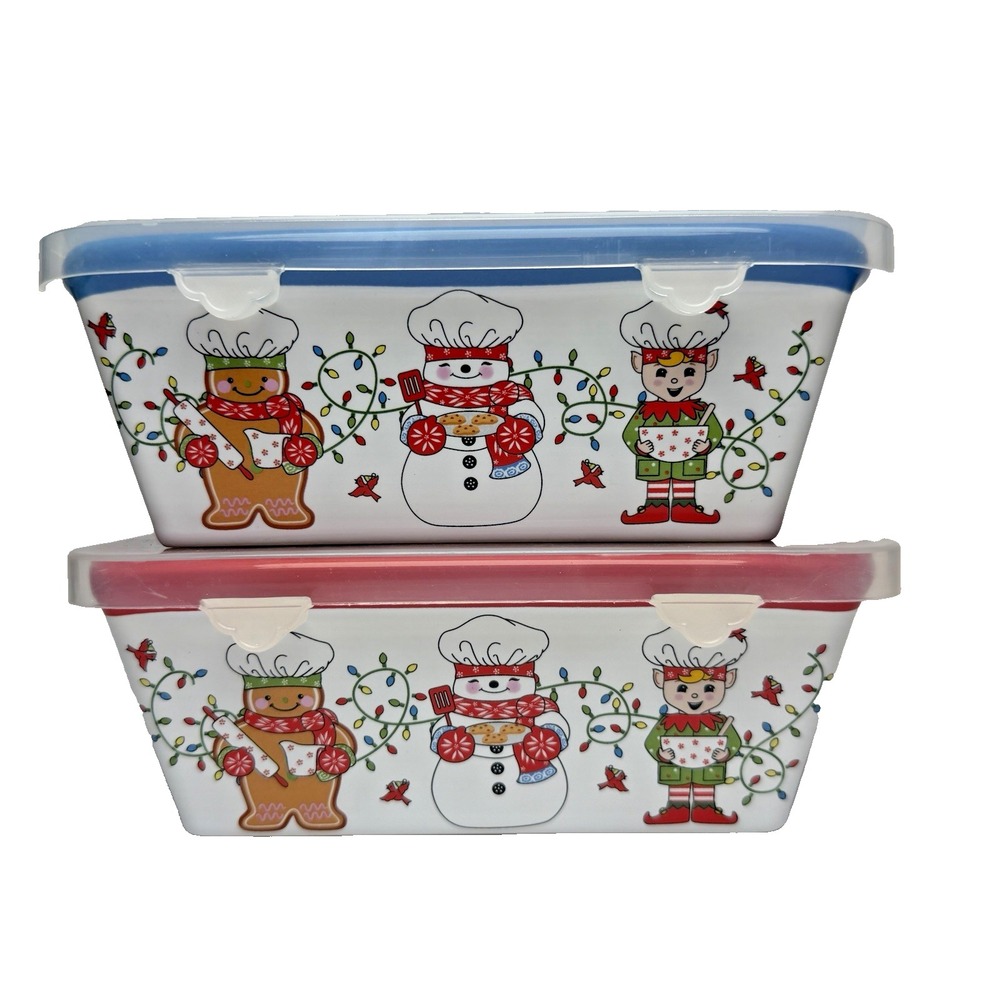 2 Temptations Christmas 14 oz Mini Loaf Pan Ovenware Snowman Gingerbread w/ Lids